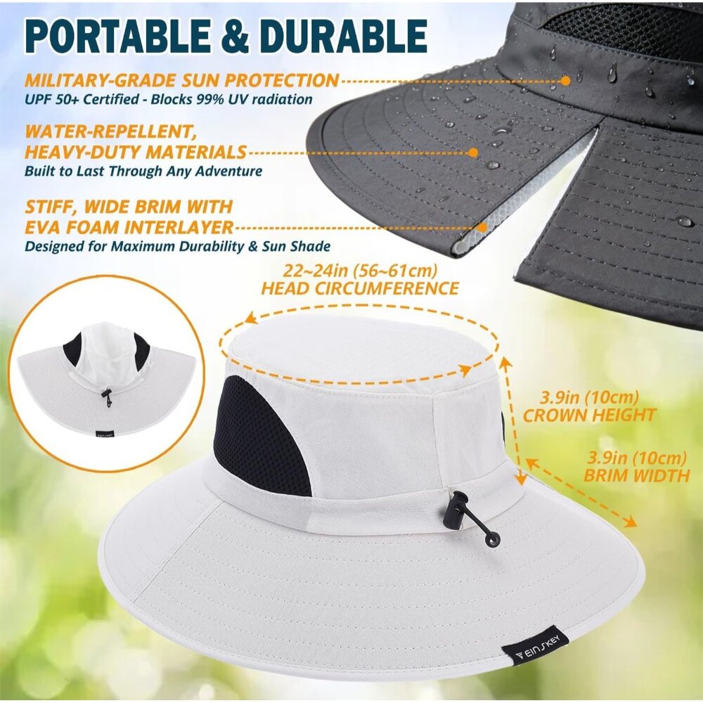 Unisex White 100% Polyester Wide Brim Mesh Vents With Chin Strap Fishing Sun Hat - Picture 6 of 7